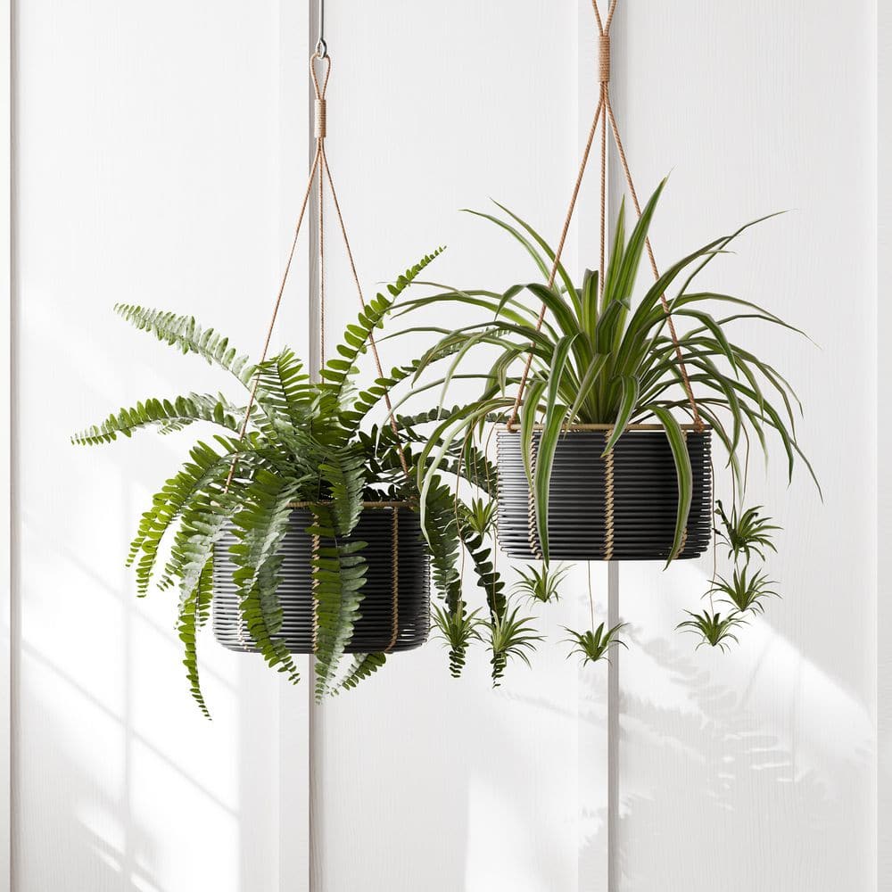 12 in. W and 10 in. W Indoor Outdoor Black Resin Rattan Hanging Basket Planters, (Set of 2) (Large and Small) - Hercitys