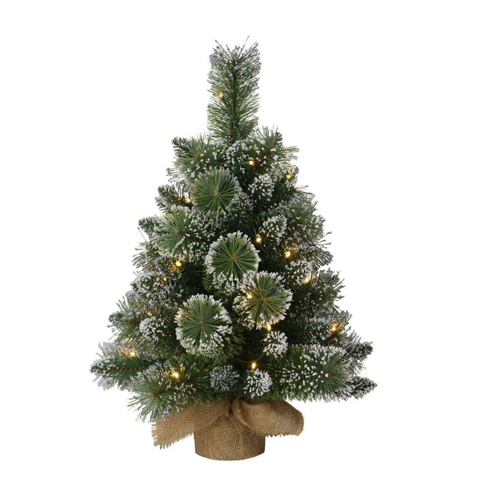 2 ft. Green Prelit Flocked Table Top Artificial Christmas Tree with 35 Lights in Tan Sac - Hercitys