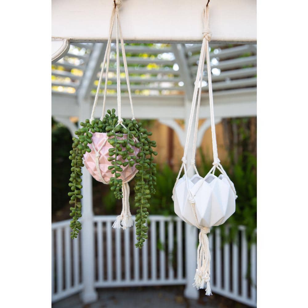 5 in. Matte White Ceramic Macrame Hanging Planter - Hercitys