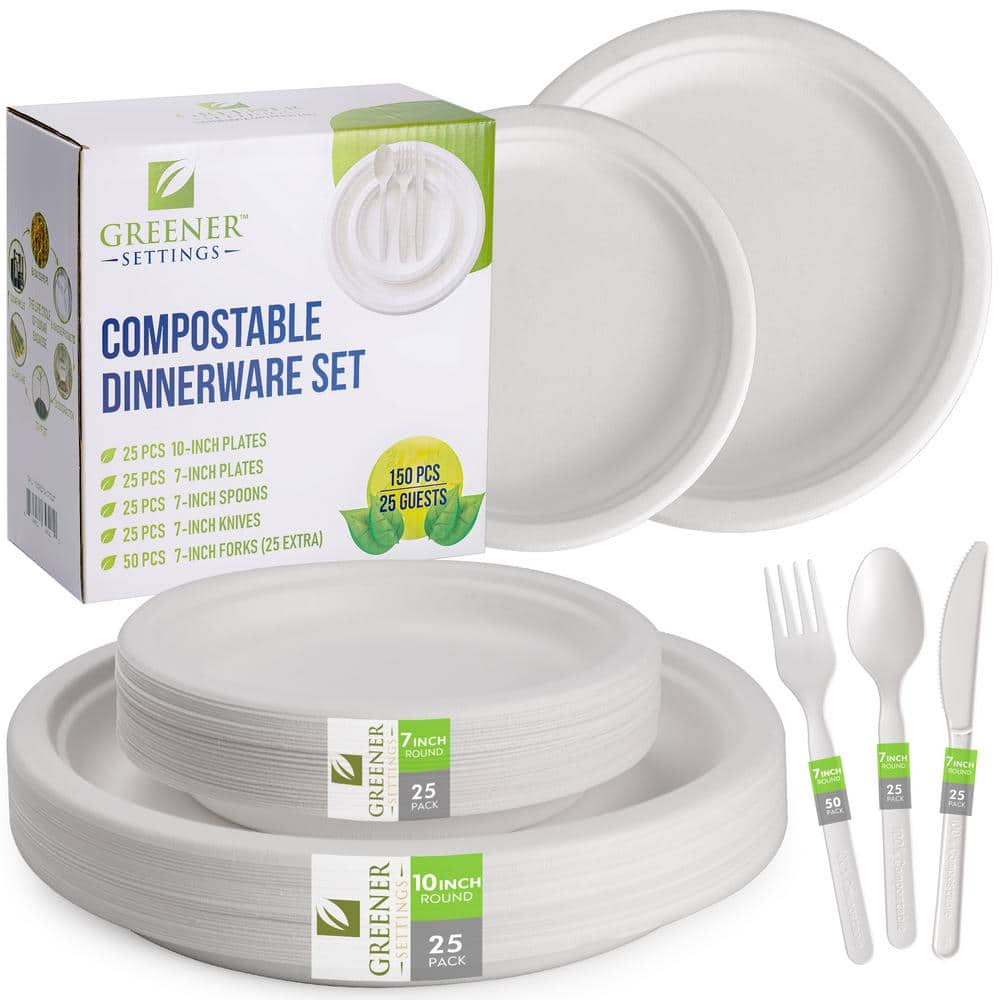 10/7 in. White Compostable Disposable Paper Plate Set Plus Cutlery [25 Guest Service] - Hercitys