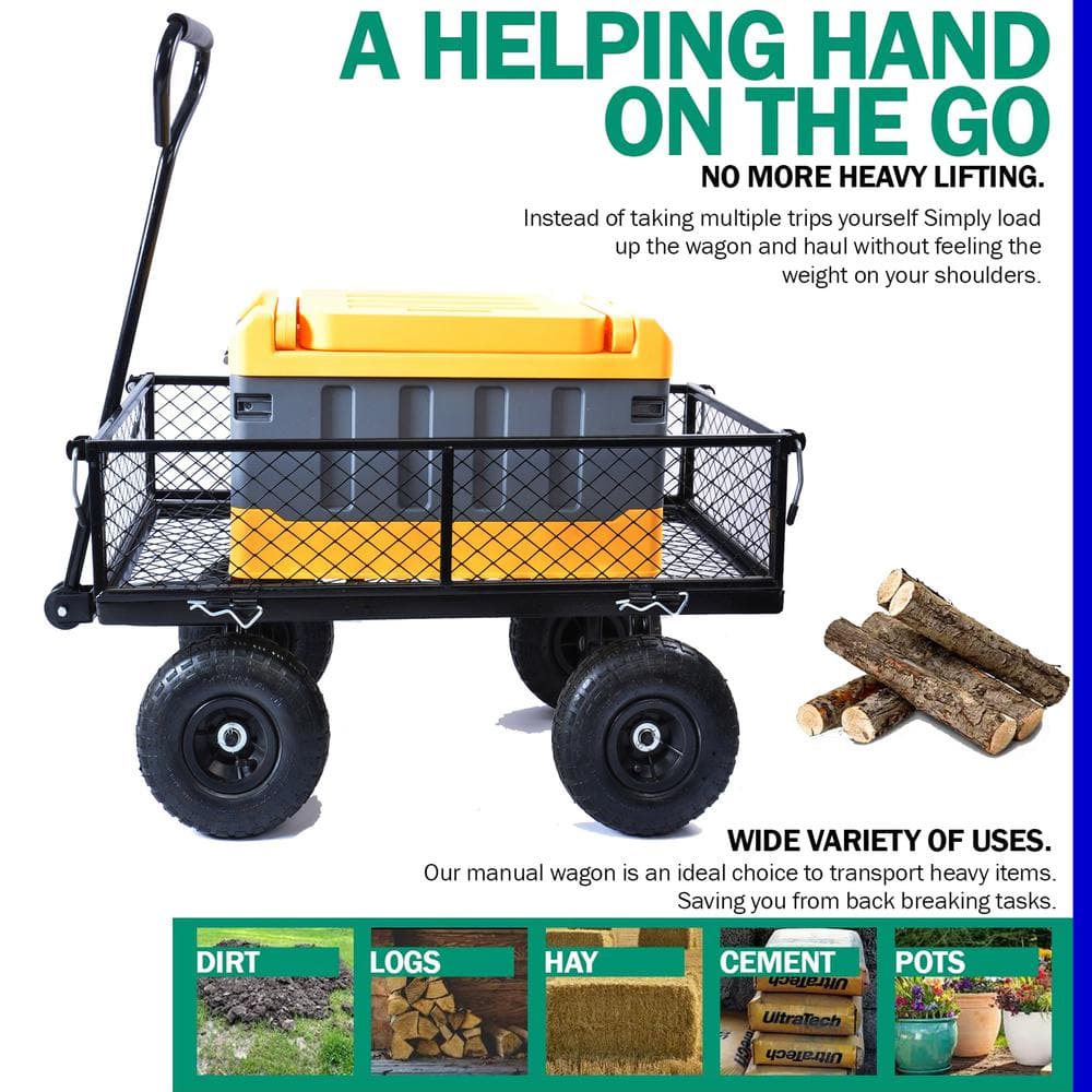 3.5 cu. ft. Steel Garden Cart, Removable Sides Utility Wagon Cart with Shovel and Tyre Pump, Black - Hercitys