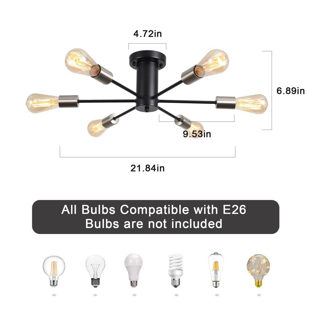 21.84 in. 6-Light Black and Nickel Sputnik Transitional Flush Mount Ceiling Lights - Hercitys