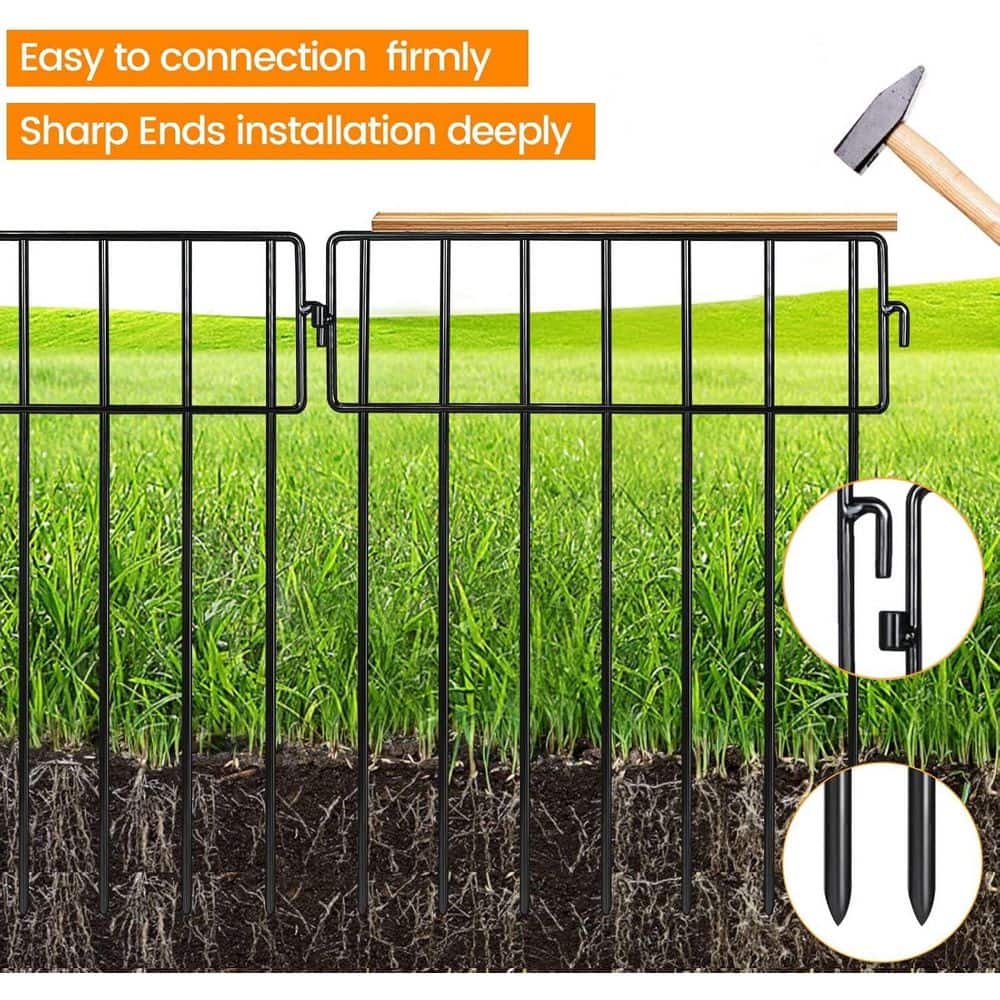 12 in. L x 15 in. H No Dig Garden Decorative Fence 1.5 in. Gap Black Metal Garden Fence 18 Pack Total 18 ft. - Hercitys