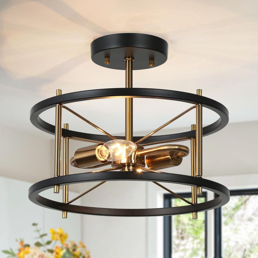 12 in. 2-Light Black Modern Semi-Flush Mount, Brass-Plated Ceiling Light, Farmhouse Open Cage Light Fixture - Hercitys
