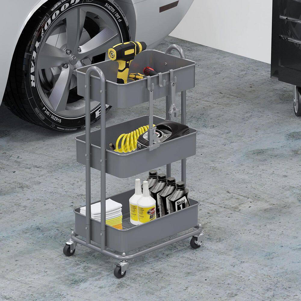 3-Tier Metal -Wheeled Utility Cart in Silver - Hercitys