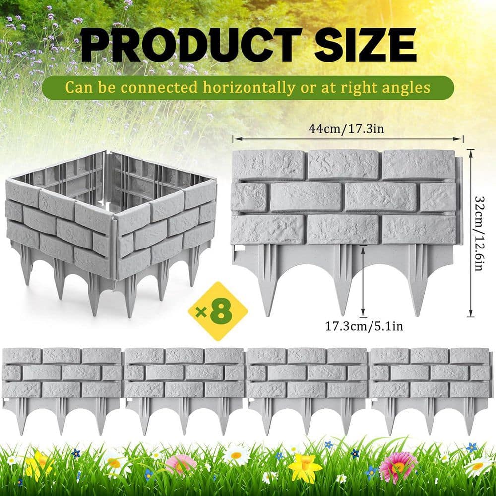 11.33 ft. x 7.5 in. Gray No Dig Plastic Wall Block Landscape Edging for Mulch Flower Bed Patio Lawn Path Walkway 8-Piece - Hercitys