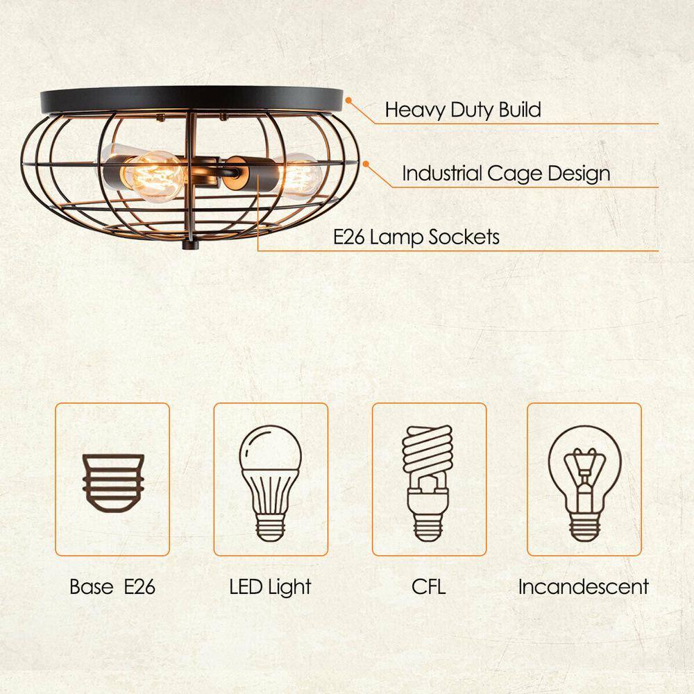 15.5 in. W 3-Light Black Semi-Flush Mount Ceiling Light with Industrial Retro Design - Hercitys