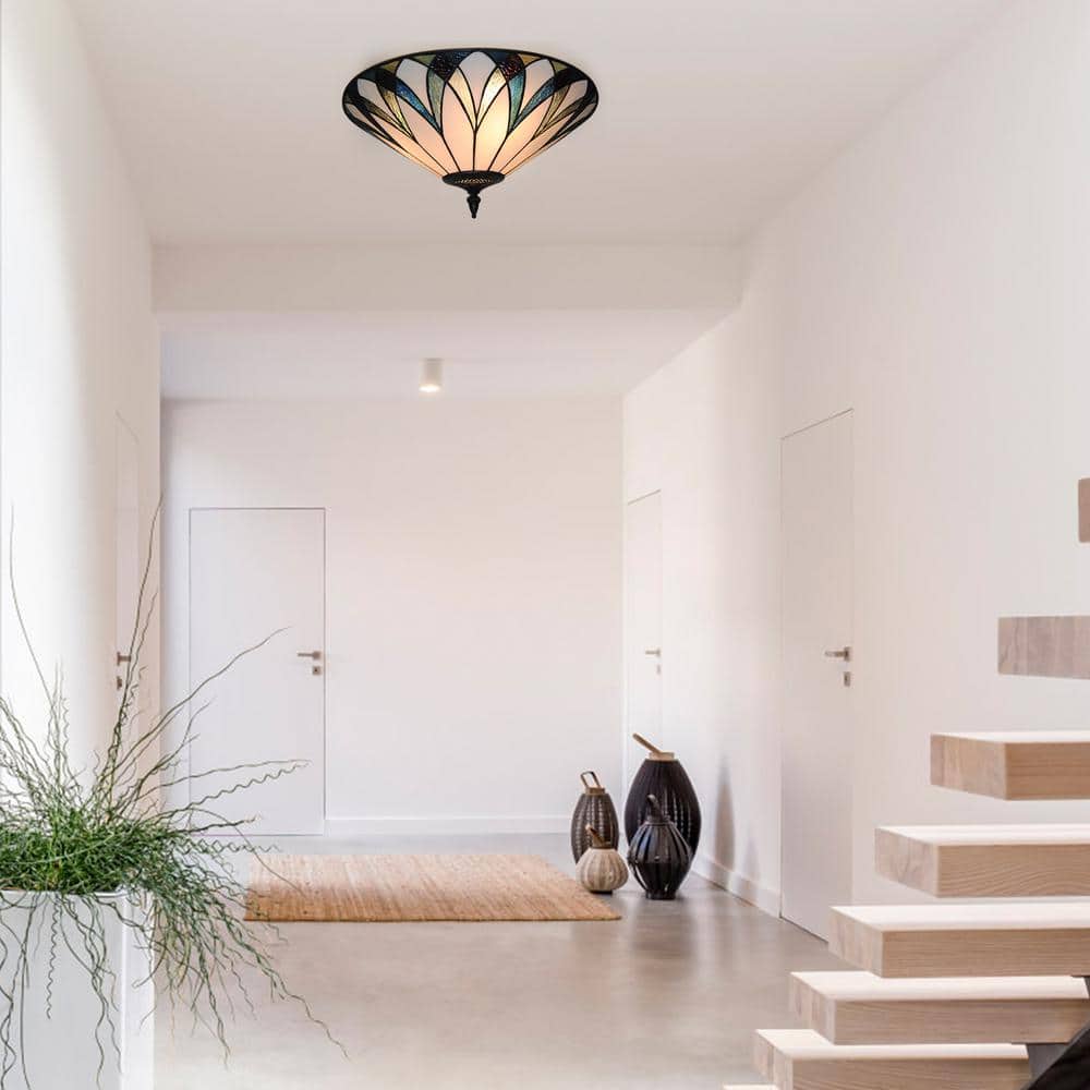 18 in. 3-Light Retro Elegant Stained Glass Flush Mount Ceiling Light - Hercitys