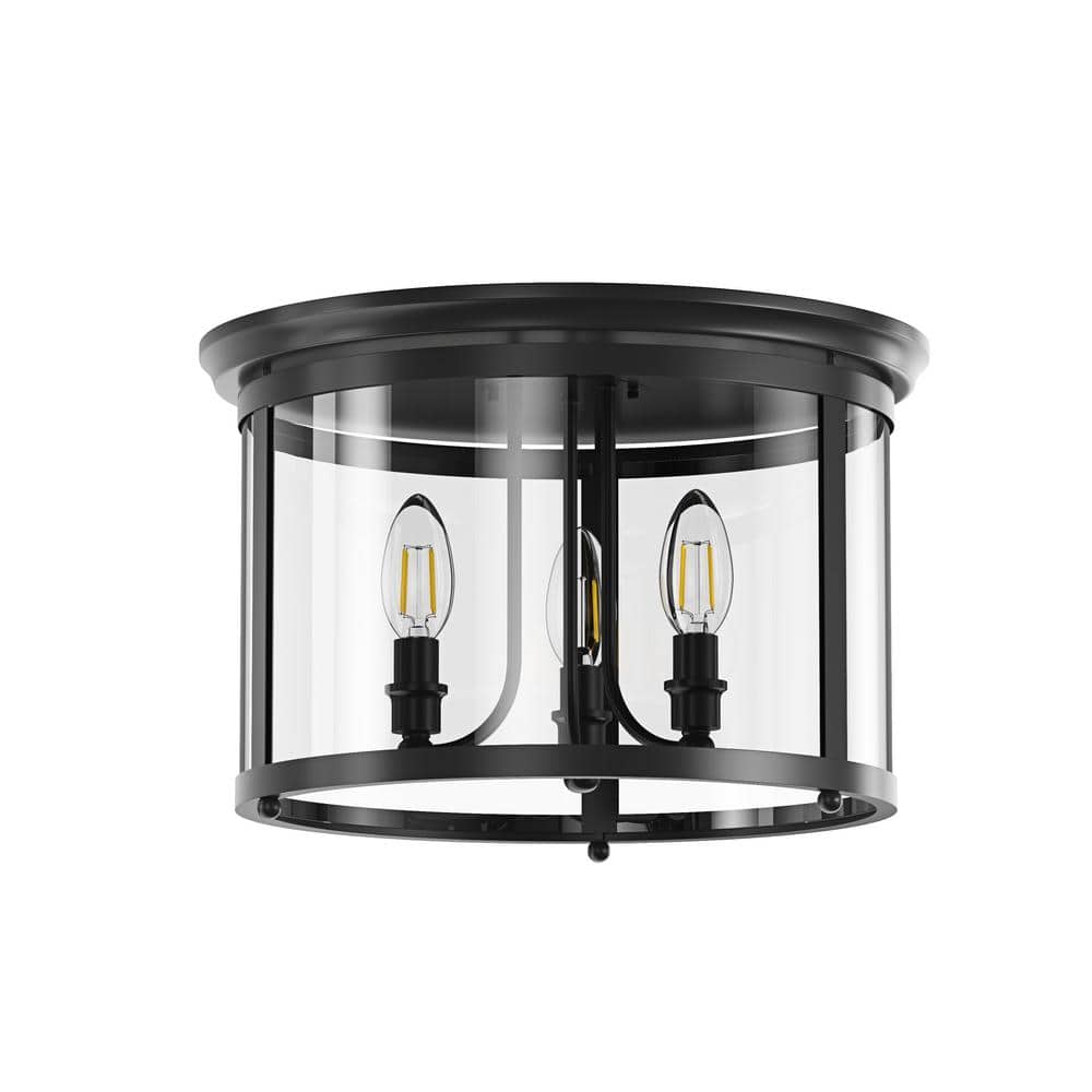 14.37 in. 3-Light Industrial Black Flush Mount Modern Ceiling Lighting Fixture with Clear Glass Shade - Hercitys