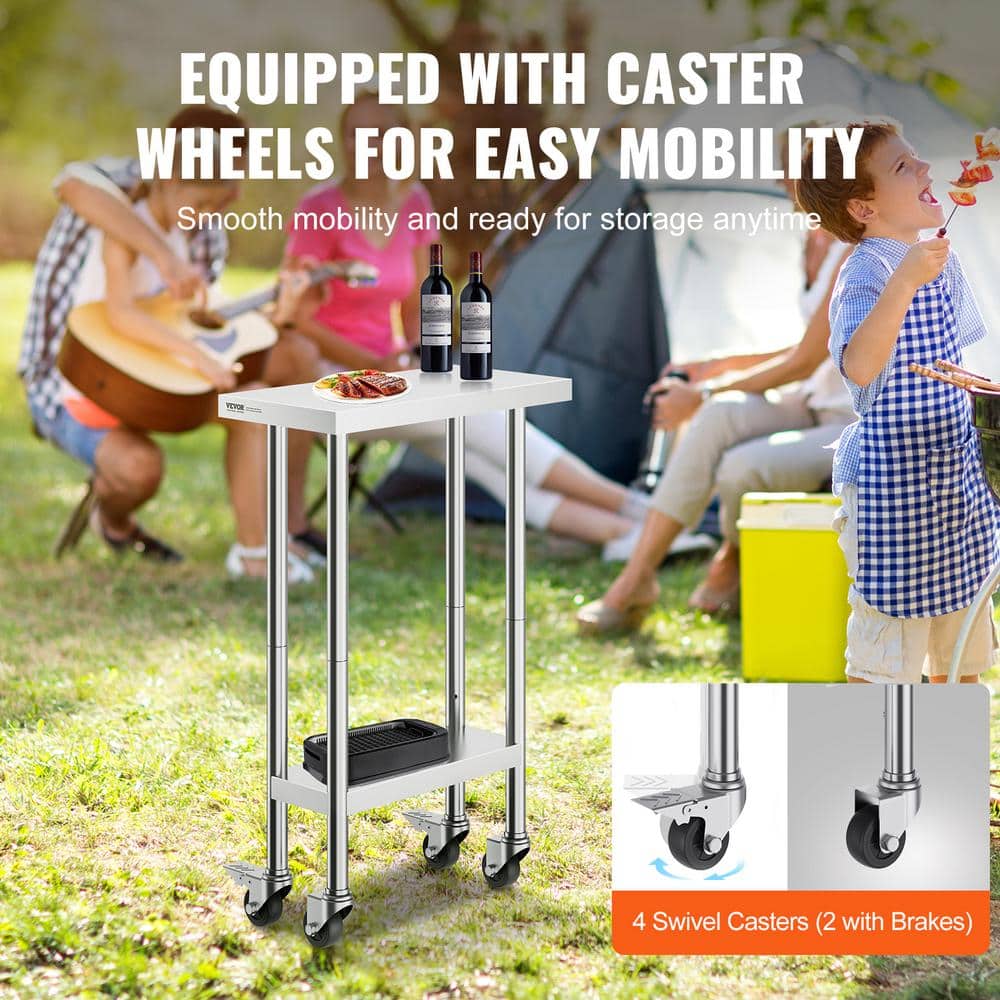 24 in. x 12 in. x 38 in. Silver Stainless Steel Kitchen Prep Table 500 lbs. Load Capacity w/ 3 Adjustable Height Levels - Hercitys