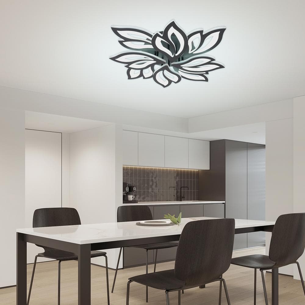27.5 in. 1-Light Black and White Modern Selectable LED Flower-Shaped 8 Head Semi-Flush Mount Ceiling Light with Remote - Hercitys