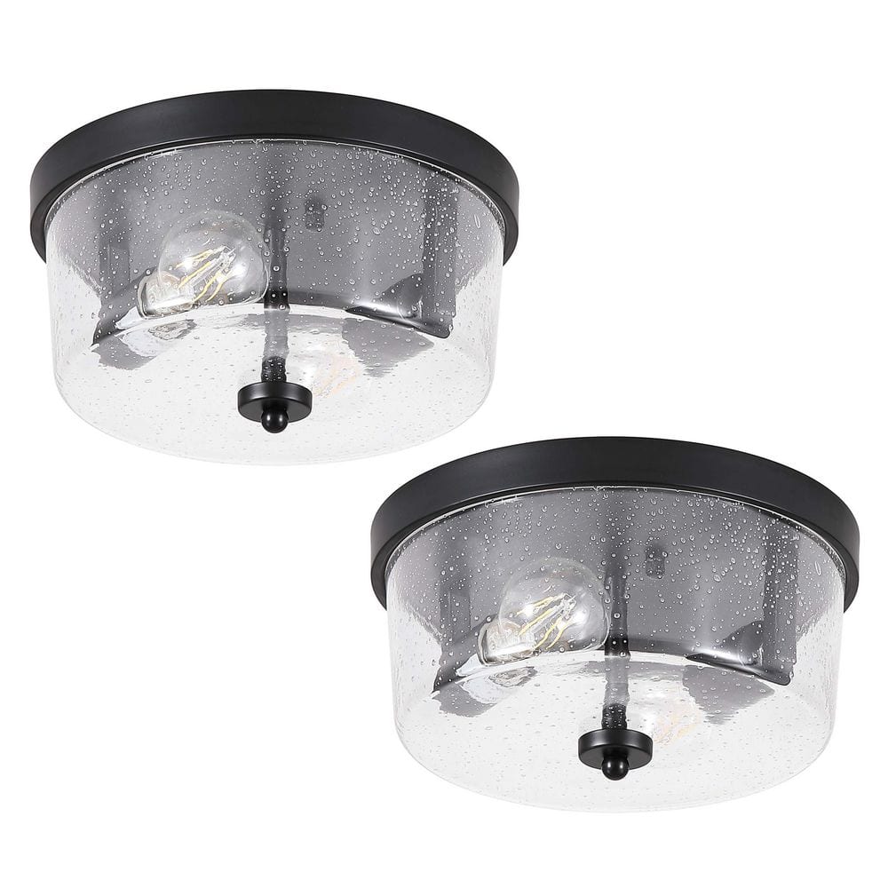 10.63 in. 2-Light Black Farmhouse Flush Mount with Seeded Glass Shade and No Bulbs Included (2-Pack) - Hercitys
