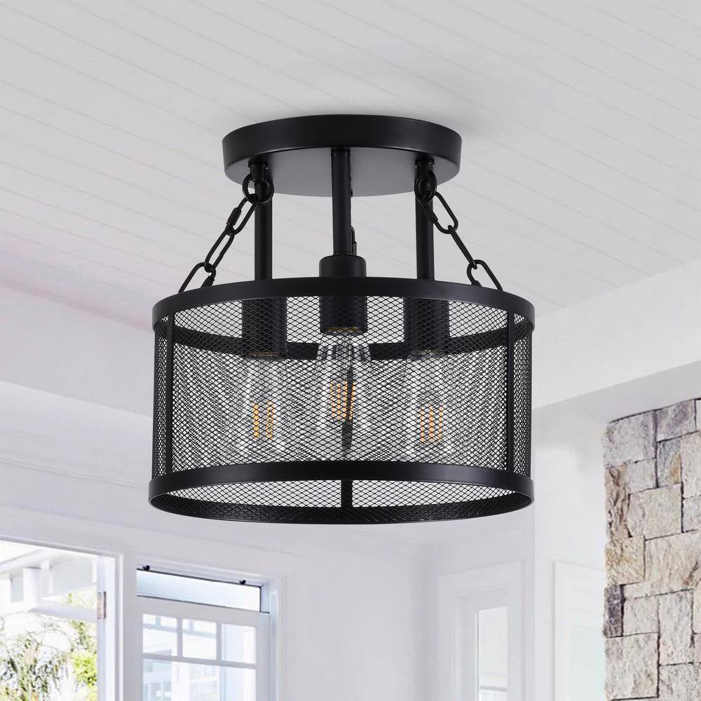 12.59 in. 3-Light Industrial Semi-Flush Mount Black Farmhouse Ceiling Light Fixtures with Metal Mesh Shade - Hercitys