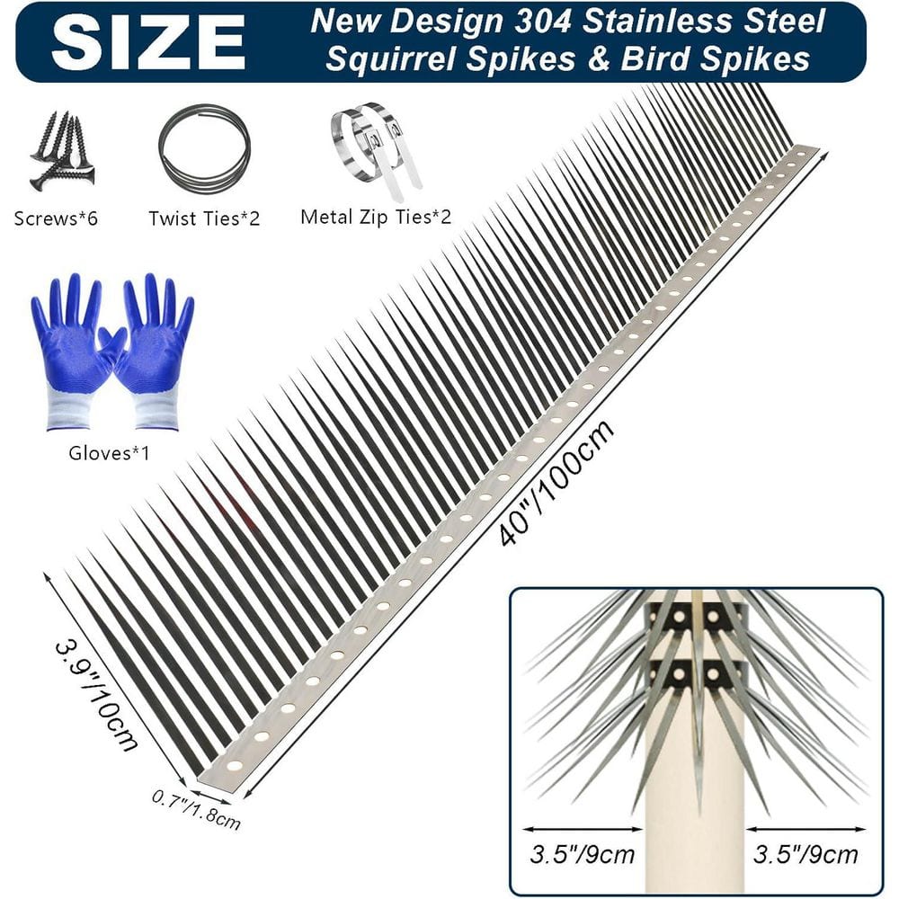 40 in. x 0.7 in. Stainless Steel Bird Spikes Keep Raccoons, Cats and Snakes Away from Gardens, Fences and Feeder Poles - Hercitys