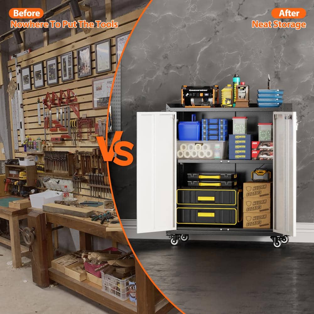 30 in. W x 35.5 in. H x 18 in. D Metal Freestanding Cabinet with Shelf, Pegboard, Side Push Handle in Black and Grey - Hercitys