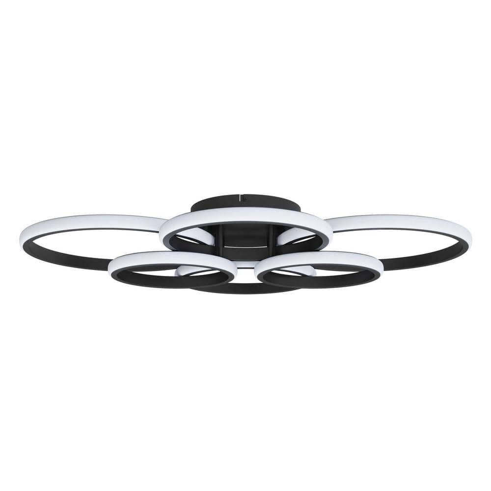 31.49 in. 6-Light Modern Black 40-Watt Integrated LED Flush Mount 6-Rings Circle Close to Ceiling Light - Hercitys