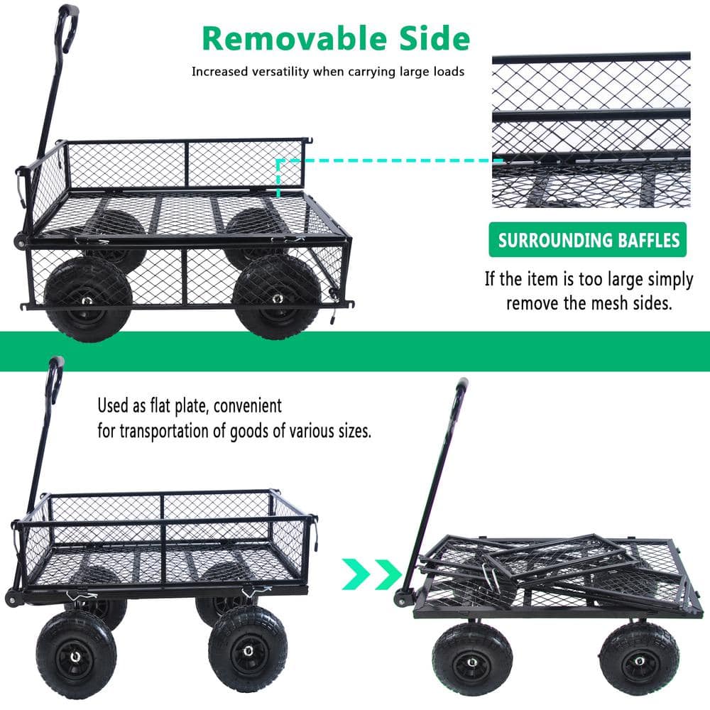 3.5 cu. ft. Steel Garden Cart, Removable Sides Utility Wagon Cart with Shovel and Tyre Pump, Black - Hercitys