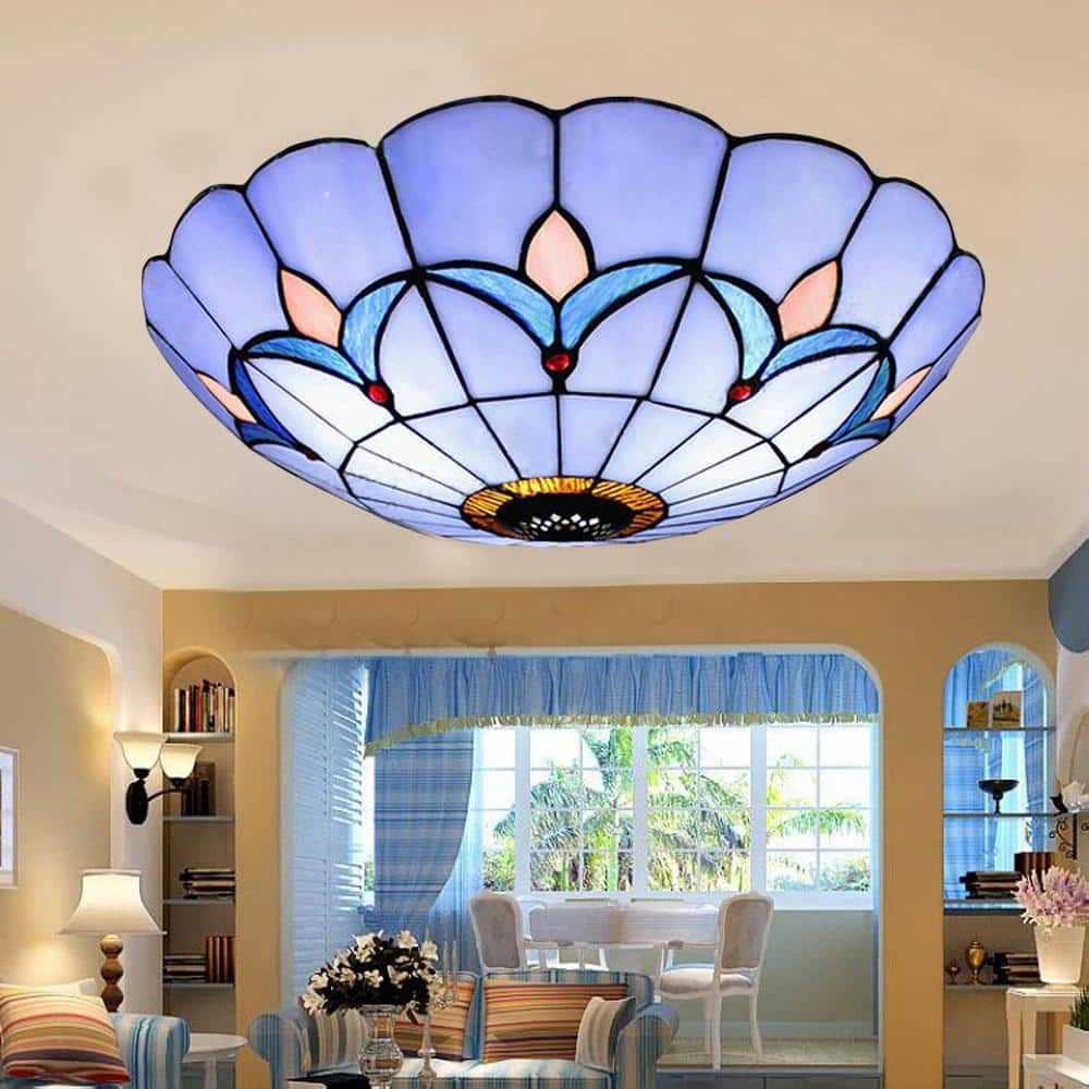 11.81 in. 2-Light Blue Modern Mediterranean Flush Mount Ceiling Light with Stained Glass Shade, No Bulbs Included - Hercitys