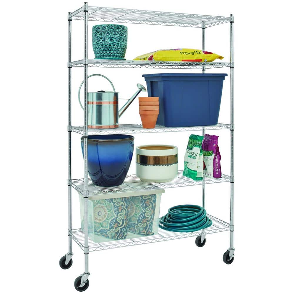 5-Tier Steel Wire Shelving Unit with Casters in Chrome (48 in. W x 72 in. H x 18 in. D) - Hercitys