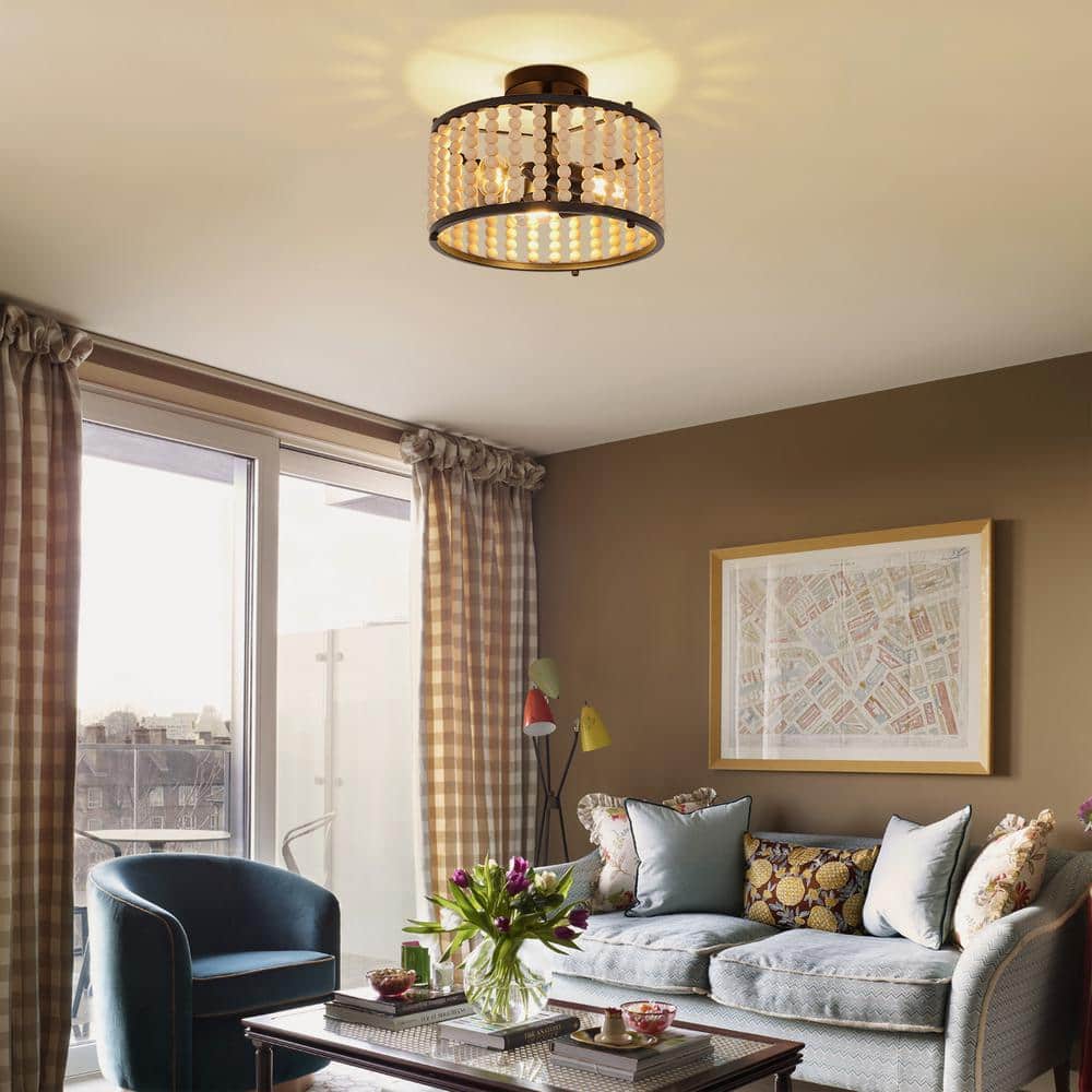 12.6 in. 3-Light Black Farmhouse Wood Beaded Shade Semi-Flush Mount Ceiling Light - Hercitys