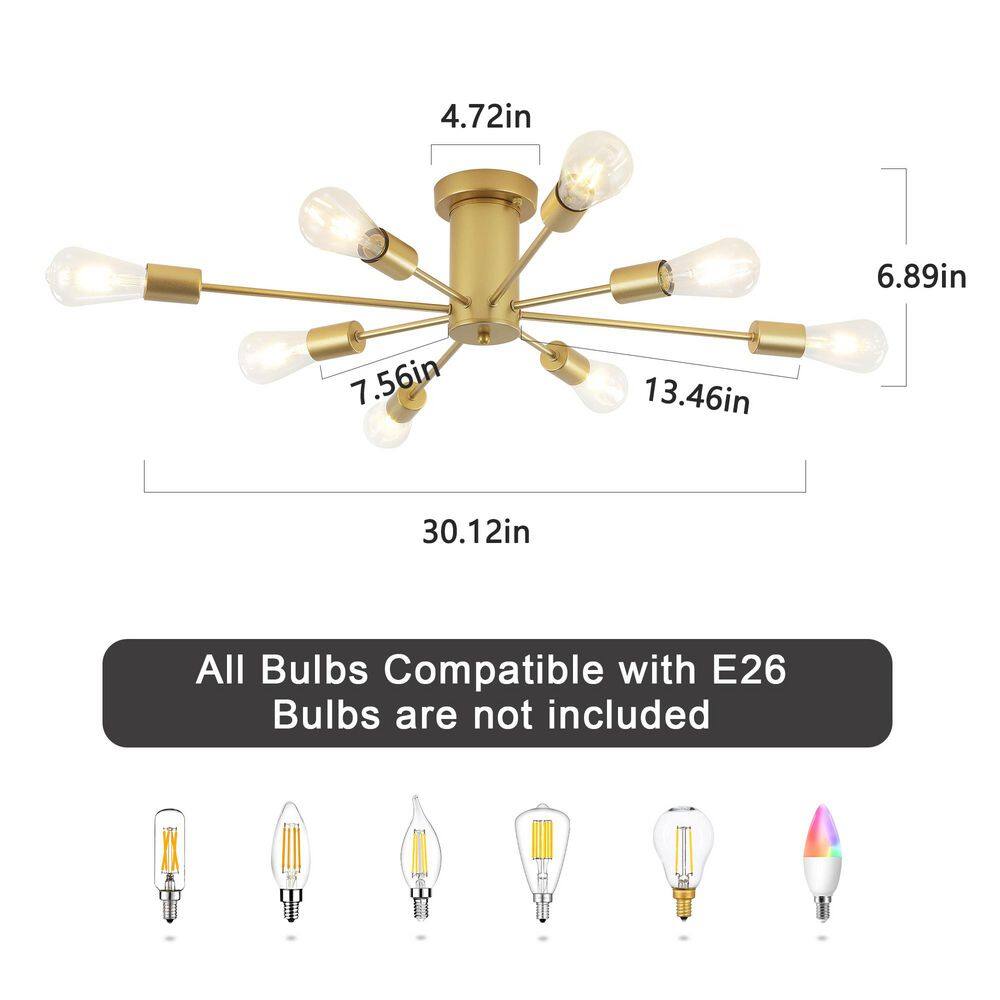 30.07 in. 8-Light Gold Sputnik Transitional Flush Mount Ceiling Lights - Hercitys