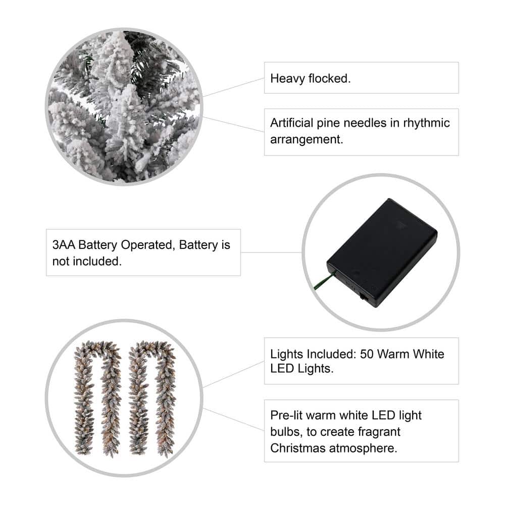 2-Pack 9 ft. Pre-Lit Snow Flocked Artificial Christmas Garland with Warm White LED Lights - Hercitys