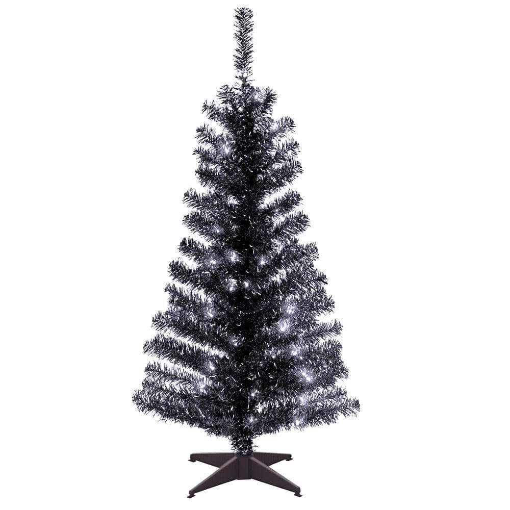 4 ft. Black Tinsel Artificial Christmas Tree with Clear Lights - Hercitys
