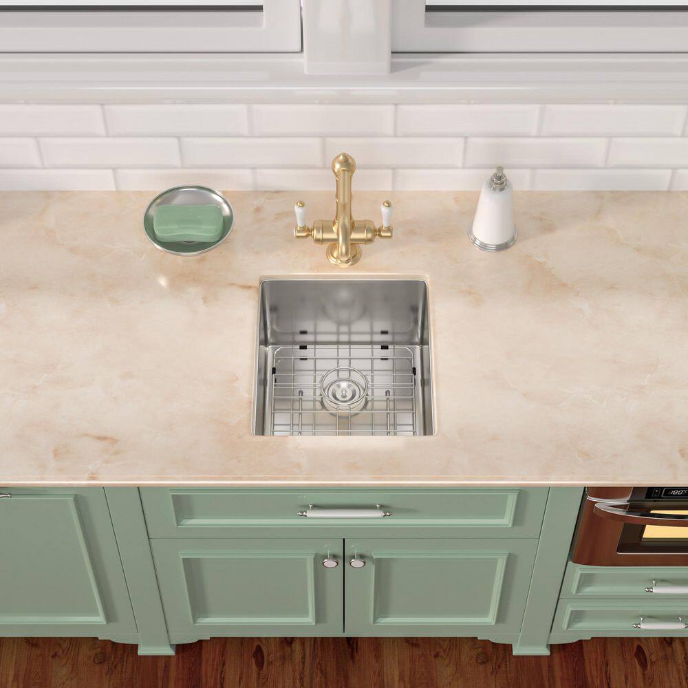 15 in. Undermount Single Bowl 16-Gague Stainless Steel Kitchen Sink with Basket Strainer and Bottom Grid - Hercitys