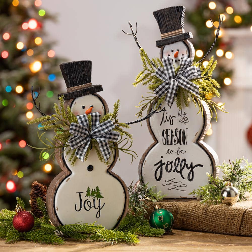 13.75 in. H Resin and Metal Snowman Figurines with Pine and Bow Lg (Set of 2) - Hercitys