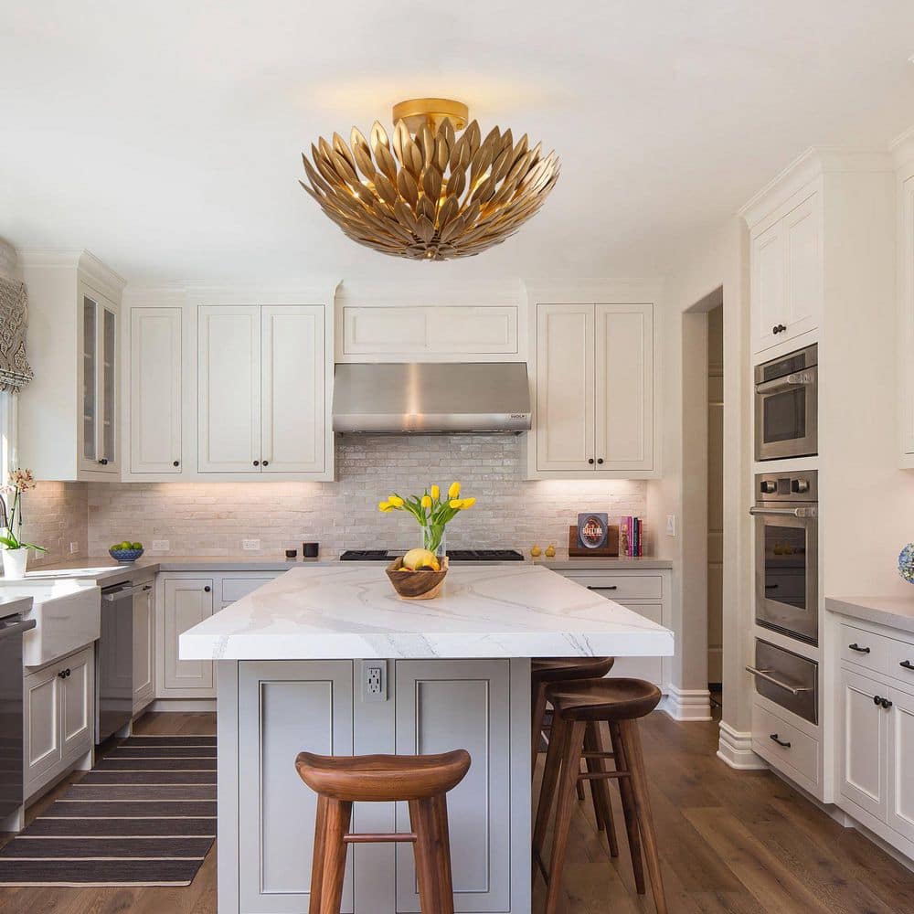 15.75 in. 3-Light Antique Gold Semi-Flush Mount Ceiling Light with Layers of Leaves Shade - Hercitys