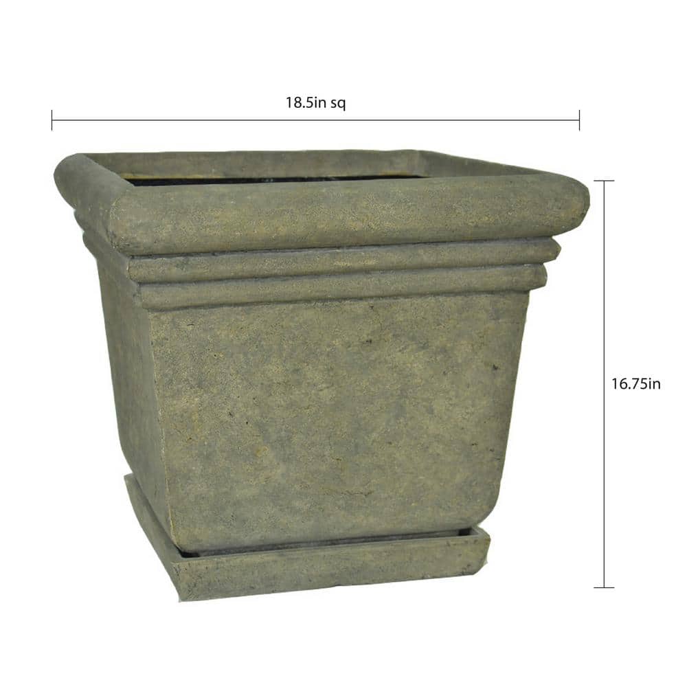 18-1/2 in. Square Cast Stone Fiberglass Planter with Attached Saucer in Aged Granite Finish - Hercitys