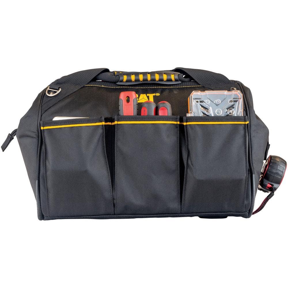 16 in. 18-Pocket Pro Wide Mouth Tool Bag in Black - Hercitys