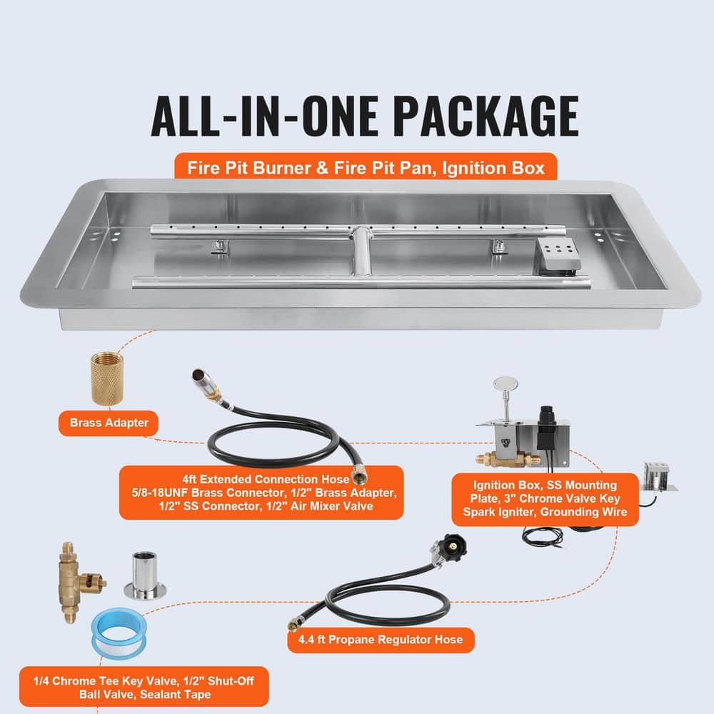 24 x 8 in Drop-in Fire Pit Pan, Rectangular Stainless Steel Fire Pit Burner Kit, Propane Gas Fire Pan 120,000 BTU - Hercitys