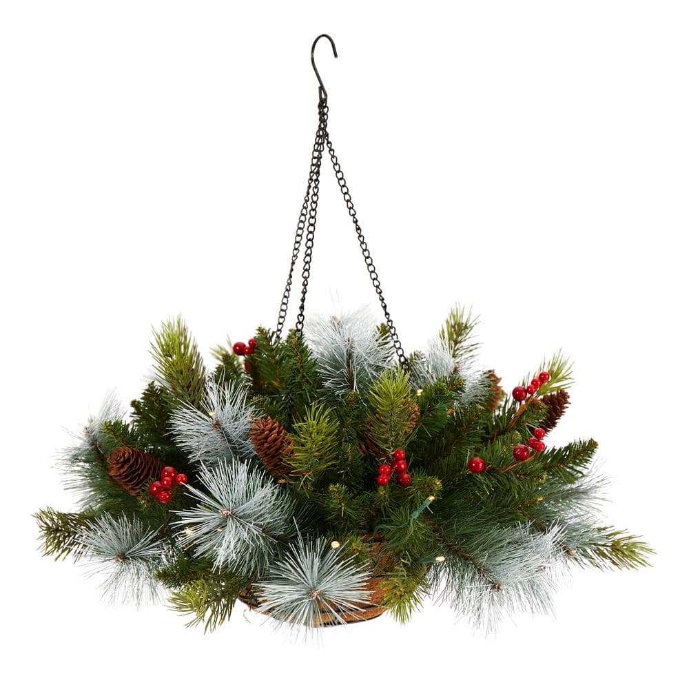 24 in. Pre-Lit Indoor/Outdoor Artificial Christmas Pre-Lit Pine and Berries Hanging Basket, 30 LED Lights - Hercitys