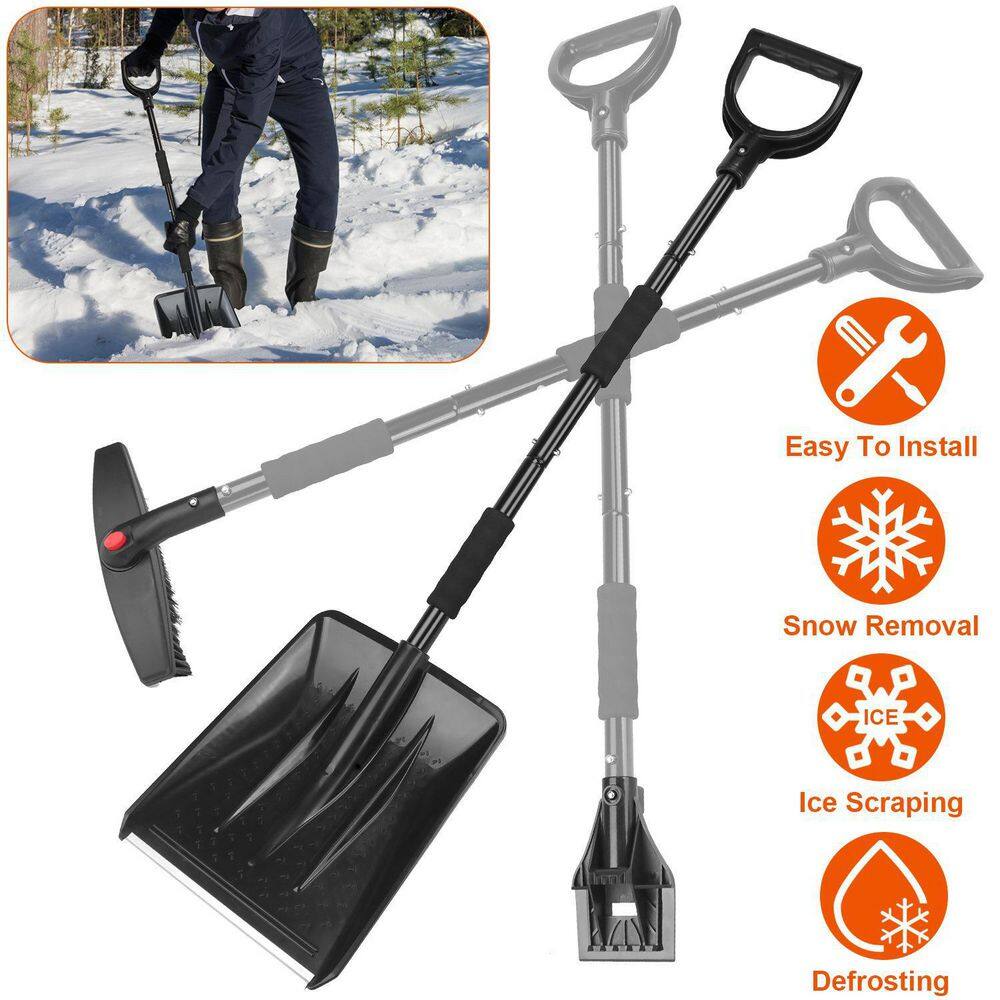 45.7 in. Metal Handle Steel 3-In-1 Snow Shovel Kit Brush Ice Scraper Collapsible Design Snow Removal - Hercitys