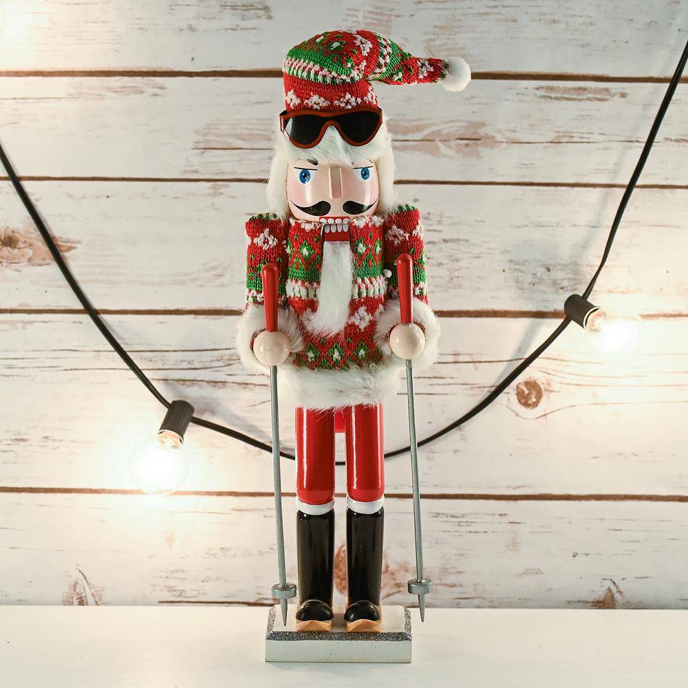 15 in. Wooden Christmas Skier Man Nutcracker -Red and Green Nutcracker Guy with Ugly Sweater and Skis in Skiing Pose - Hercitys