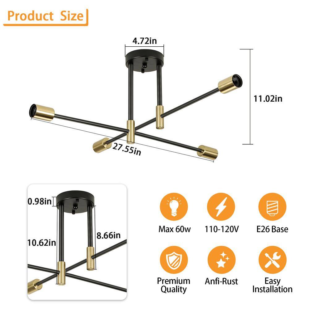 27.5 in. 4-Light Black and Brass Sputnik Semi- Flush Mount Ceiling Light with No Bulbs Included - Hercitys