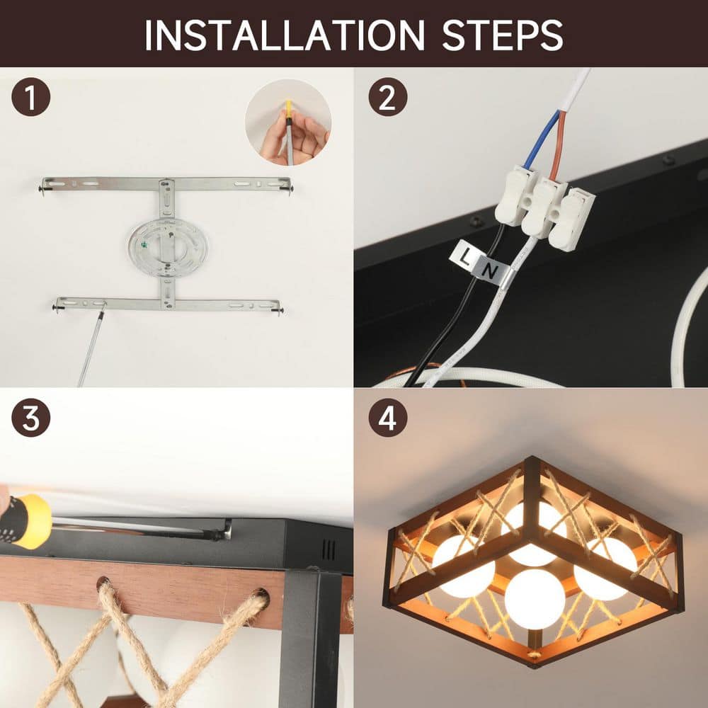 16 in. 25-Watt Farmhouse Rustic Square Wood Dimmable LED Flush Mount Ceiling Light with Acrylic Shatterproof Shade - Hercitys