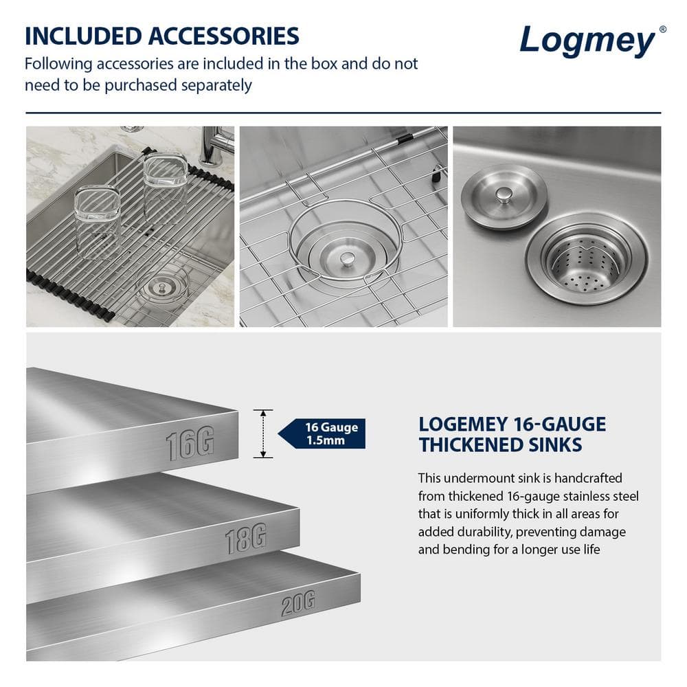 21 in. Undermount Sink Single Bowl 16-Gauge Brushed Stainless Steel Kitchen Sink with Bottom Grid and Drying Rack - Hercitys