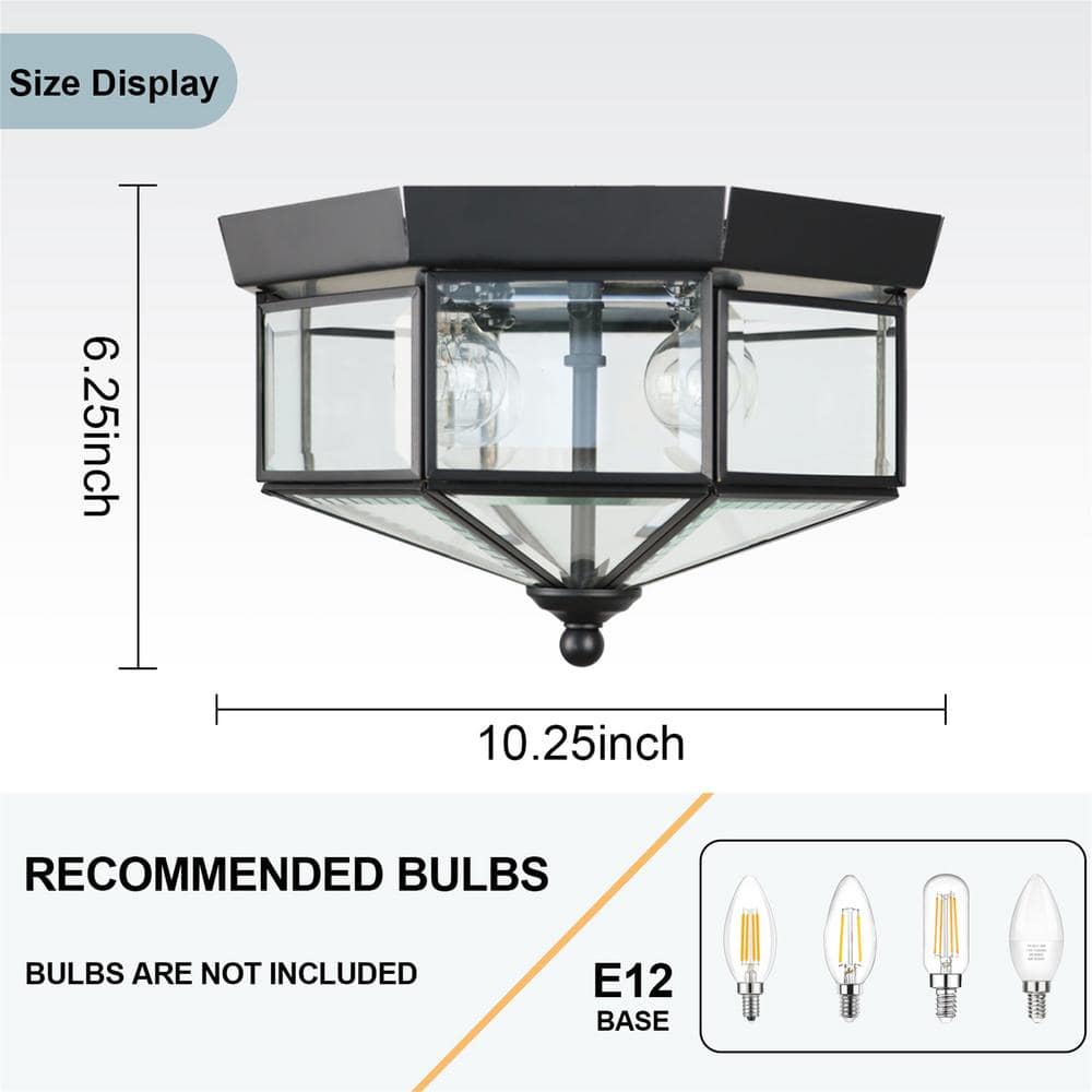 10.25 in. W 4-Light Black Flush Mount Ceiling Light Fixtures with Clear Glass for Stairway, Hall, Porches, E12, No Bulb - Hercitys