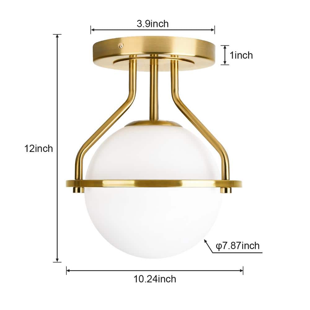 10 in. 1-Light Gold Semi-Flush Mount Ceiling Light Fixture with Milky Glass Globe Shade - Hercitys