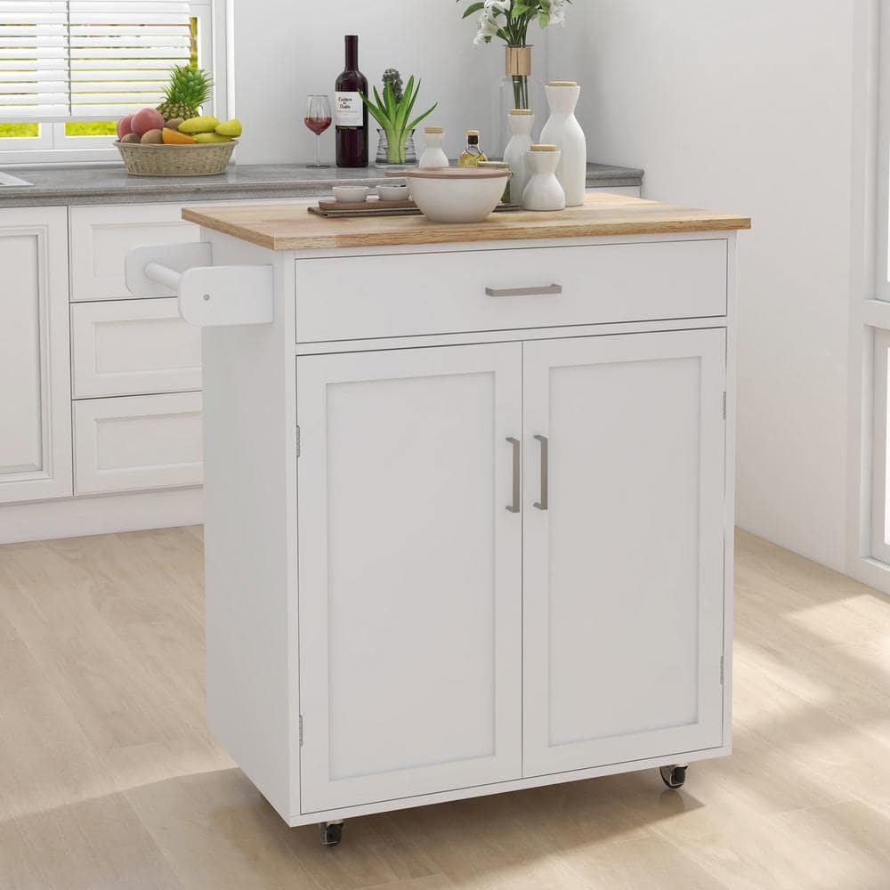 32.68 inch White Wood Kitchen Cart with Adjustable Shelves and Towel Rack Rubber Wood Table Top - Hercitys