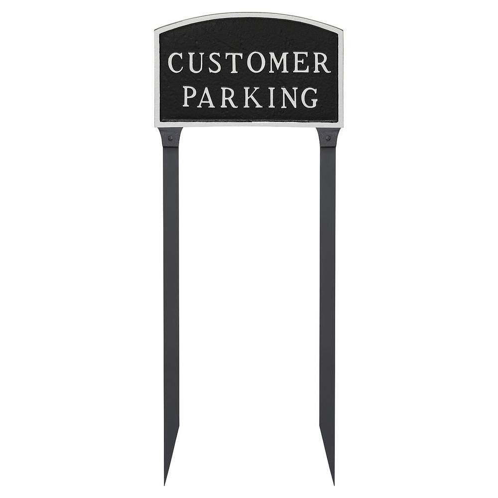 10 in. x 15 in. Standard Arch Customer Parking Statement Plaque Sign with 23 in. Lawn Stakes – Black/Silver - Hercitys