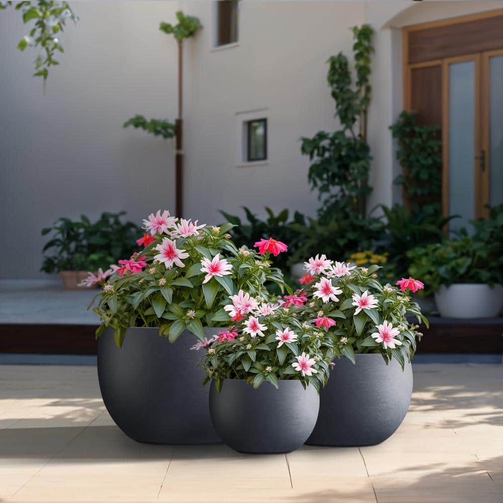 11.5 in.,15 in.,19 in. Large Granite Gray Concrete Round planter / Pot with drainage holes (Set of 3) - Hercitys