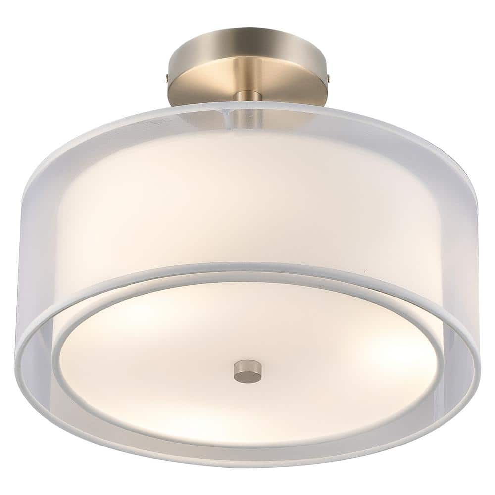 13 in. 3-Light Brushed Nickel Semi-Flush Mount with Double Fabric Shades - Hercitys