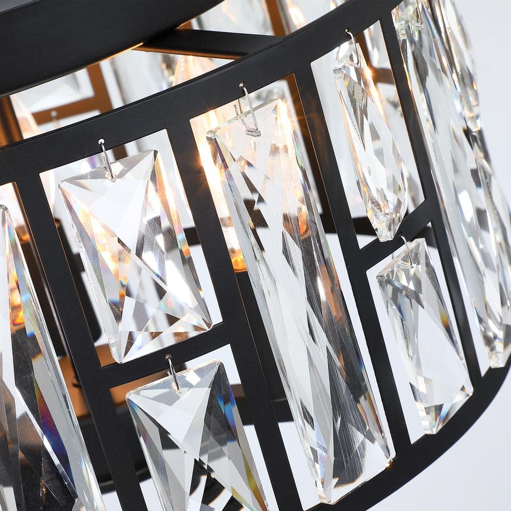 12 in. 3-Light Round Modern Black Drum Flush Mount Ceiling Light with Clear Crystal Shade - Hercitys