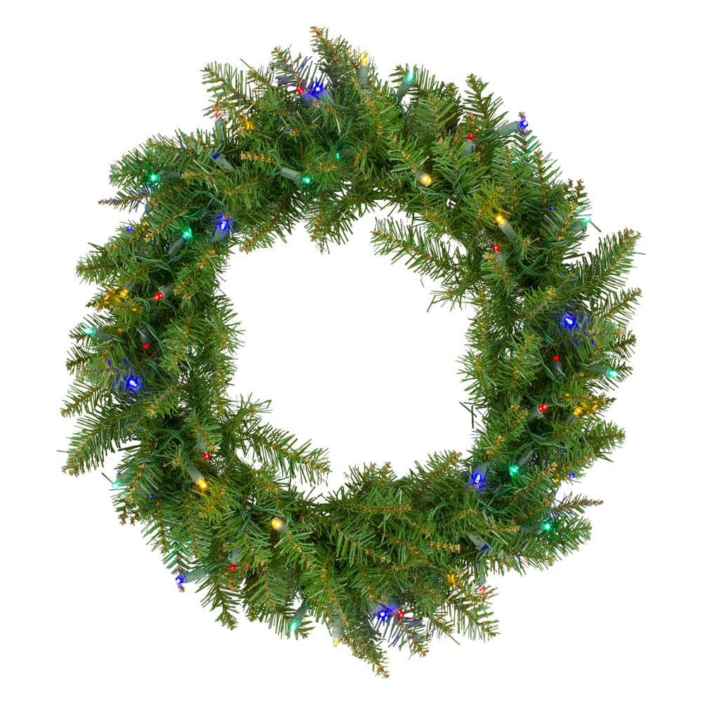 24 in. Green Pre-Lit Rockwood Pine Artificial Christmas Wreath with 50 Multi LED Lights - Hercitys