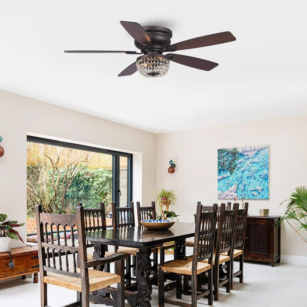 48 in. Indoor New Bronze Flush Mount Crystal Ceiling Fan with Light Kit and Remote Control - Hercitys