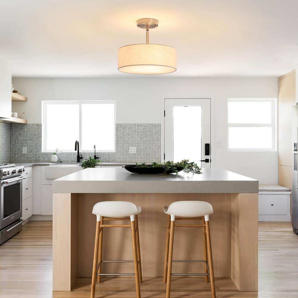 12.6 in. 3-Light Nickel Drum Linen Blend Semi Flush Mount Ceiling Light with White Fabric Shade and No Bulbs Included - Hercitys