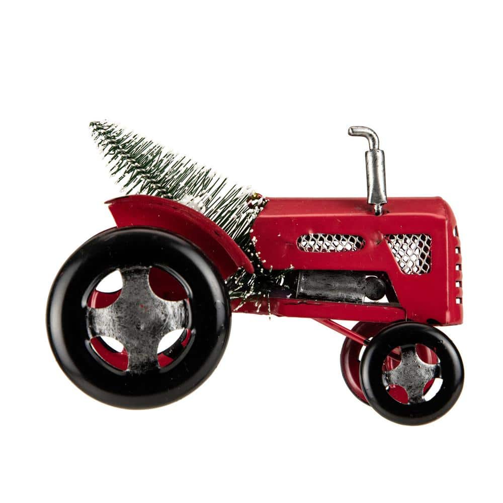 5 in. Red Iron Tractor with a Frosted Christmas Tree Ornament - Hercitys